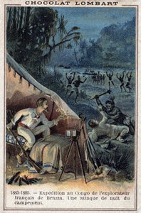 Pierre Savorgnan de Brazza (1852-1905), Franse ontdekkingsreiziger, aan de oevers van de Congo. Een nachtelijke aanval op het kamp. door Unknown artist