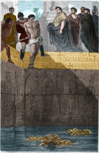 Pollion Vedius, Romeinse gastronoom, beroemd om zijn wreedheid jegens zijn slaven. Om hen te vangen, gooide hij ze levend naar zijn murenen. Op een dag at Augustus bij hem thuis, dus liet hij een slaaf vallen, schuldig aan het breken van een beker. door Unknown artist