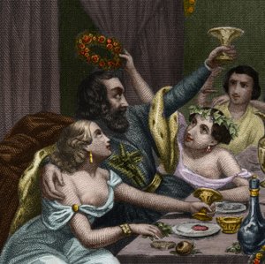 Paus Alexander VI (1431-1503) (Alessandro, Rodrigo Borgia) viert het huwelijk van zijn dochter Lucrece Borgia (Lucrezia) met 50 courtisanes in het Vaticaan. Gravure uit 1842 in Histoire des popes: crimes, murders, poisonings, parrici.