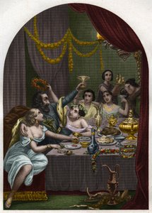 Paus Alexander VI (1431-1503) (Alessandro, Rodrigo Borgia) Rodrigo Borgia viert het huwelijk van zijn dochter Lucrezia Borgia (Lucrezia) met 50 hovelingen in het Vaticaan. Gravure uit 1842 in 