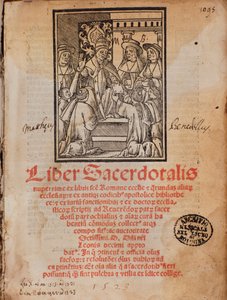 Paus Leo X ontvangt het boek Frontispice van het liturgieboek 