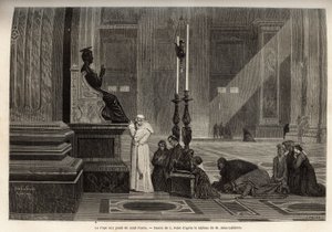 Paus Pius IX (pio 9) (1792-1878) verzameld aan de voet van het standbeeld van St. Peter, bij de ingang van de basiliek, in het Vaticaan. Gravure ter illustratie van het verhaal van Rome, door Francis Wey, in 1864-1868, gepubliceerd in 
