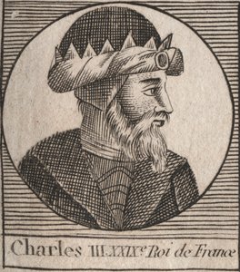 Portret van Karel III de Eenvoudige (879-929) koning van de Franken - Karel III (879-929) - Karel de Eenvoudige - koning van Frankrijk, 893-923 - gravure uit 