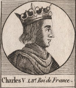 Portret van Karel V de Wijze (1338 - 1380) - Karel V de Wijze of Karel V de Wijze, koning van Frankrijk uit het Huis Valois - gravure uit 