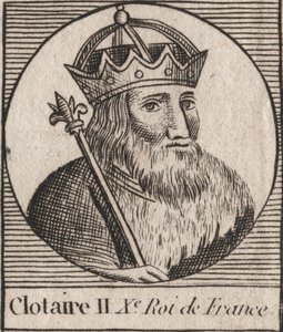Portret van Clothaire II (584-628), koning van Neustrië en koning van de Franken. Gravure uit 