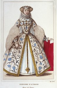 Portret van Eleonore van Habsburg (of Oostenrijk) (1498-1558). Aartshertogin van Oostenrijk, Koningin van Portugal en daarna Koningin van Frankrijk, tweede vrouw van Francois I, gravure uit 1830