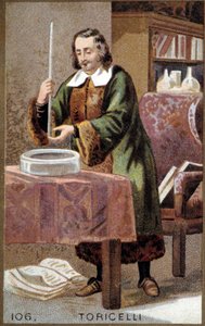 Portret van Evangelista Torricelli (1608-1647), Italiaanse natuurkundige, met zijn uitvinding: de barometer (kwikbuis)