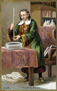 Portret van Evangelista Torricelli (1608 - 1647), Italiaanse natuurkundige met zijn uitvinding de barometer (kwikbuis). Chromolithografie van de 19e eeuw