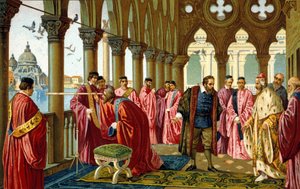 Portret van Galileo Galilei die de verrekijker presenteert aan de Doge in zijn Dogepaleis in Venetië door Unknown artist