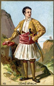 Portret van George Gordon Noel, 6e Baron Byron, Lord Byron (1788 - 1824) gekleed in Grieks. Chromolithografie van de 19e eeuw. door Unknown artist