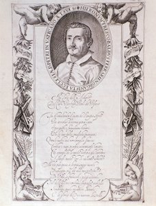Portret van Girolamo Frescobaldi (1583-1643) Italiaanse componist Gravure van frontispice van Tocrate partituur. 1637. Bologna, Museo civico Museo