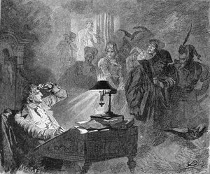 Portret van Goethe omringd door Faust-personages Gravure