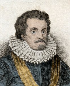Portret van James I (James 1e Stuart) (1566-1625), koning van Engeland en Ierland (of James VI, koning van Schotland). Gravure uit de 19e eeuw