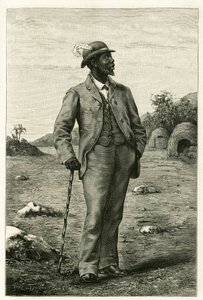 Portret van koning Sepopo van Zambeze (huidig Zuid-Afrika), gekleed in Europese stijl, gravure door P. Dufour, ter illustratie van het verhaal 