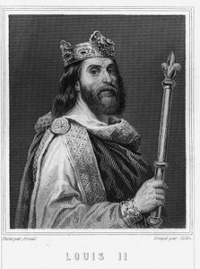 Portret van Lodewijk II de Stamelaar (846-879), Koning van Frankrijk - in “Histoire des Français” door Lavallée, gravure, sd
