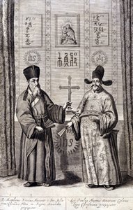 Portret van Matteo Ricci (links), Italiaanse jezuïet en Paul Ly, grote verspreider van het christelijk geloof in China, gravure van 