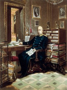 Portret van prins Otto von Bismarck (1815-1898), kanselier en Pruisische politicus, in zijn kantoor. Lithografie in kleur
