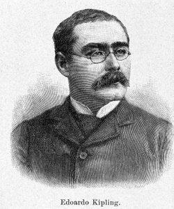 Portret van Rudyard Kipling (1865-1936), Britse romanschrijver en dichter, gravure 19e eeuw.