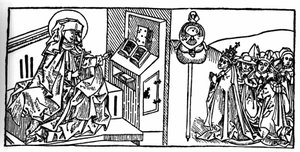 Portret van Sint Brigitte van Zweden (1103 - 1373). Gravure uit “Leben der Heiligen - sommerteil” (Het boek van de heilige) door Jacobus (James) van Voragine (1228-1298). Lübeck 1488