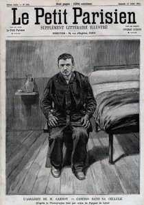 Portret van Sante Caserio (1873-1894) Italiaanse anarchist, moordenaar van Sadi Carnot, in de gevangenis. Gravure in 