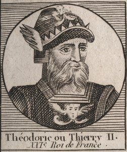 Portret van Thierry II (587-613) koning van de Franken van Austrasië en Bourgondië van 595 tot 613 - THIERRY II (Theuderic of Theuderich, Theoderic, of Theodoric II) koning van Bourgondië en Austrasië - gravure uit 