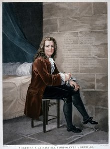 Portret van Voltaire in de Bastille terwijl hij de Henriade samenstelt. Gravure uit de 19e eeuw. Musée Carnavalet.