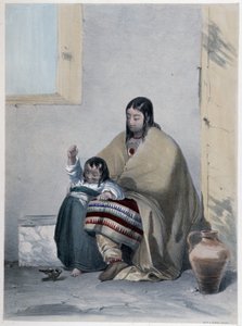 Portret van een Huron, Indiaan van Canada, met zijn kind - in 