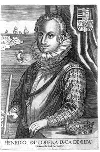 Portret van de hertog van Guise (Hendrik I van Lotharingen, bekend als de Scalafre (1550 - 1588)). Gravure uit de 17e eeuw.
