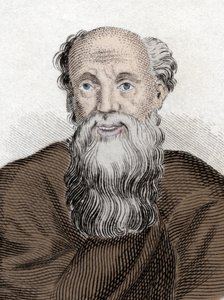 Portret van de Griekse filosoof Democritus (460-370 v.Chr), Democritus van Abdere. Gravure uit de 19e eeuw. door Unknown artist
