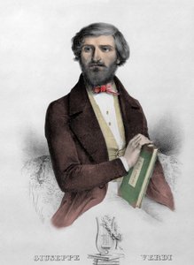 Portret van de Italiaanse componist Giuseppe Verdi (1813 - 1901) met de partituur voor 