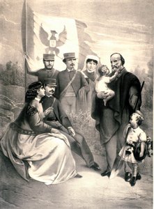 Portret van de Italiaanse patriot en held van de Risorgimento Giuseppe Garibaldi (1807-1882) met zijn kinderen Menotti, Ricciotti, Teresita, Francesca Armosino, Manlio en Clelia. Illustratie rond 1870. Privécollectie door Unknown artist
