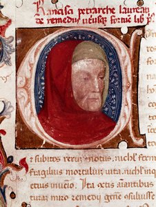 Portret van de Italiaanse dichter Francesco Petrarca (1304-1374) (detail). Pagina uit het manuscript 