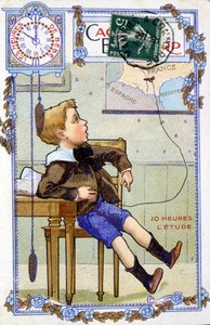Ansichtkaart die de dag van een kind toont. Om 10:00 uur is het kind op school. door Unknown artist