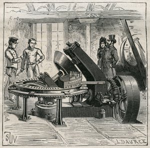 Aardewerk: Fleury-machine gebruikt voor het mechanisch vormen van bakstenen. Gravure uit 1885 in “Les arts et métiers illustrés” door Adolphe BITARD door Unknown artist