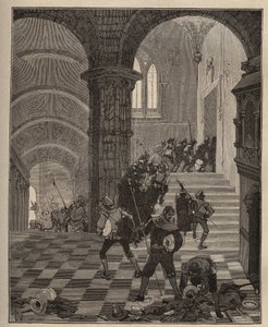 Aardewerk: vernietiging van de “Henri II” fabriek tijdens de plundering van het kasteel van Oiron (Deux Sèvres) in 1568 tijdens de Liga. Gravure uit 1885 in “Les arts et métiers illustrés” door Adolphe BITARD door Unknown artist