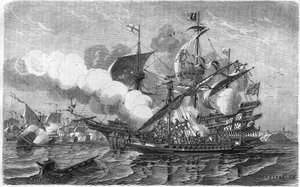 Pregent viel de Engelse vloot aan, onder bevel van admiraal Edouard Howart, april 1513. Gravure uit de 19e eeuw.