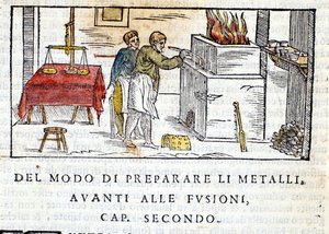 Voorbereiding van metaal voor smelten - in Pirotechnia van Biringuccio door Unknown artist