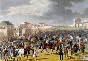Voorbereidingen voor een Epsom-race (Epsom Oaks: Engelse paardenrace). Gravure van de 19e eeuw