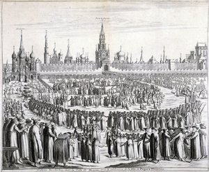Processie van Paasbloemen voor de Heilige Verlosserpoort en het Kremlin in Moskou. Gravure uit de 19e eeuw. door Unknown artist