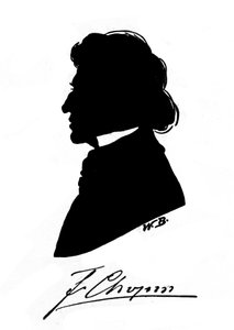 Profiel silhouet van de Poolse componist Frederic Chopin (1810-1849) met handtekening. 19e eeuw