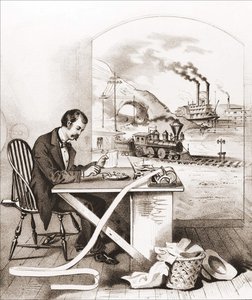 Vooruitgang van de Eeuw (19e eeuw): Morse telegrafie, Dageraadboot, Trein, enz. door Unknown artist