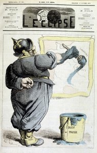 Pruisische soldaat die de grenzen van Elzas-Lotharingen trekt naar het blauw van Pruisen (Verwijzing naar de annexatie van de regio door de Oorlog van 1870) - in L
