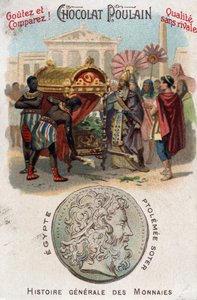 Ptolemaeus I (360-283 v.Chr.) Soter (redder) liet Alexander de Grote begraven. In Algemene Geschiedenis van Munten. Chocolade-foal chromolithografie uit het einde van de 19e eeuw. Privécollectie. door Unknown artist