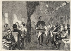 Pullman eetwagon van de Pacific Railways in 1869 - binnenkant van een hotelwagon op de Pacific Railway door Unknown artist