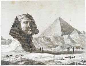Piramides van Gizeh: uitzicht op de Sfinx en de Grote Piramide, genomen vanuit het zuidoosten - in "Description of Egypt", keizerlijke edities