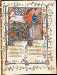 Vier mannen bezig met verschillende activiteiten, pagina uit het manuscript "Le Roman de la Rose" van Guillaume de Lorris en Jean de Meun door Unknown artist