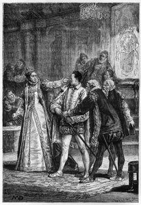 Koningin Elizabeth I van Engeland slaat de 2e graaf van Essex Robert Devereux