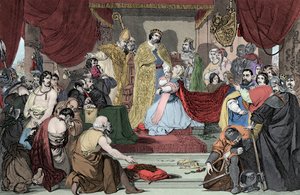 Koningin Philippa pleit bij Edward III voor de levens van de burgers van Calais