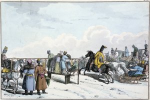 Race van tanks en paarden in Rusland - gravure