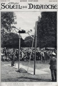 Racing Club van Frankrijk. Sheldon, kampioen van Frankrijk, springt 2,95 m om een sprong te maken. Gravure in 